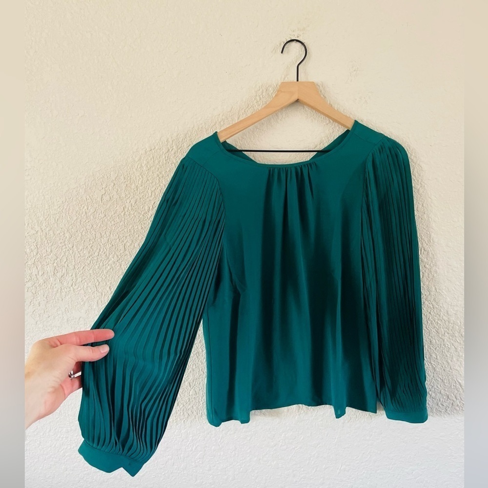 J. Crew Green Pleated Sleeve Long Sleeve Blouse